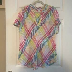 Crown & Ivy Women's Dolman Sleeve Split Neck Plaid Top size Medium